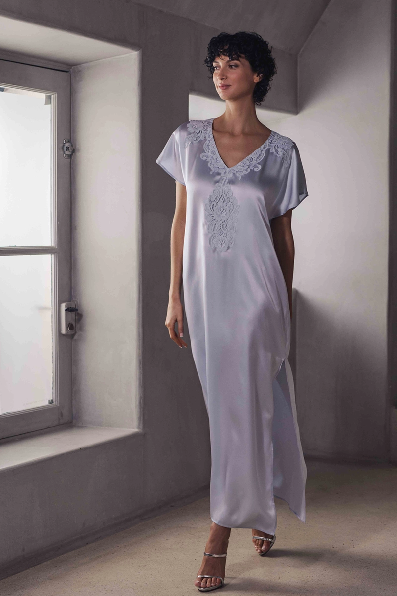 Marjolaine Branda Long Silk Nightshirt with Lace